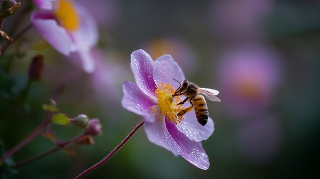 A bee pollinating a delicate pink flower in a garden, showcasing nature's beauty. - Powered by Adobe