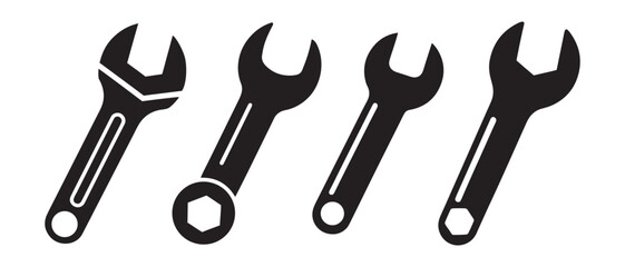 Wrench Icon Set. Adjustable, Box-End, Open-End, and Combination Tools for Mechanical and DIY Design Projects.