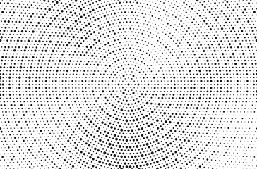 Radial halftone gradient background. Dotted concentric texture with fading effect. Black and white circle shade wallpaper. Grunge rough vector. Monochrome backdrop