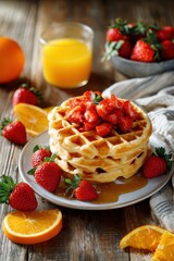 Stacked waffles topped with fresh strawberries and drizzled with syrup, alongside orange slices and a glass of juice