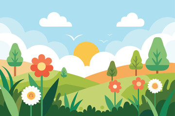 Fototapeta premium Green hills with orange flowers and trees under a blue sky with clouds and sun spring nature