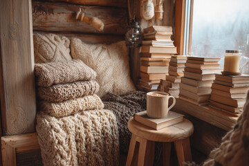 A cozy corner of a rustic reading nook with thick knit blankets, hot drink on a stool, and stacks of books