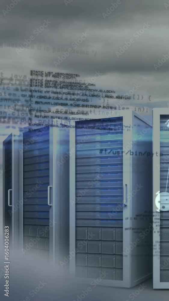 Poster animation of data processing and network of connections over server room