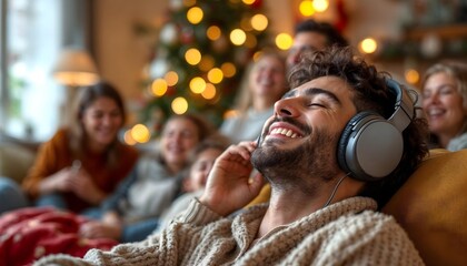 A person with noise-cancelling headphones blissfully relaxes amidst a chaotic Christmas family gathering, showcasing serenity in a lively holiday. Perfect for themes of stress relief, modern living
