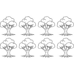 tree and flower and white line art silhouette isolated on white background