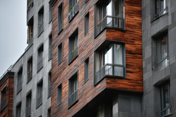 Fototapeta premium closeup of contemporary wooden building facades showcasing intricate textures and natural grains of timber