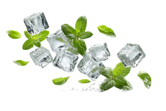 Fresh mint leaves and ice cubes floating together isolated on transparent background