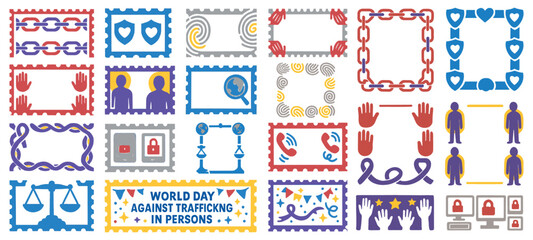 World Day Against Trafficking in Persons Frame Icon Set with Awareness and Justice Symbols