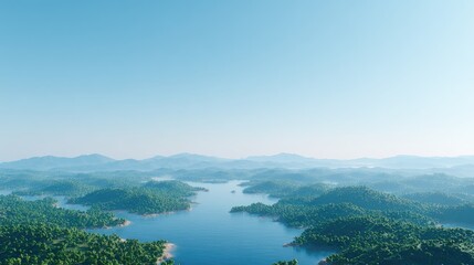 Serene Aerial View of Lush Green Islands Surrounded by Calm Blue Waters and Distant Mountains in Bright Daylight