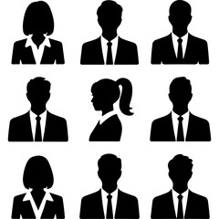 Collection of nine black silhouette business professionals isolated on white background
