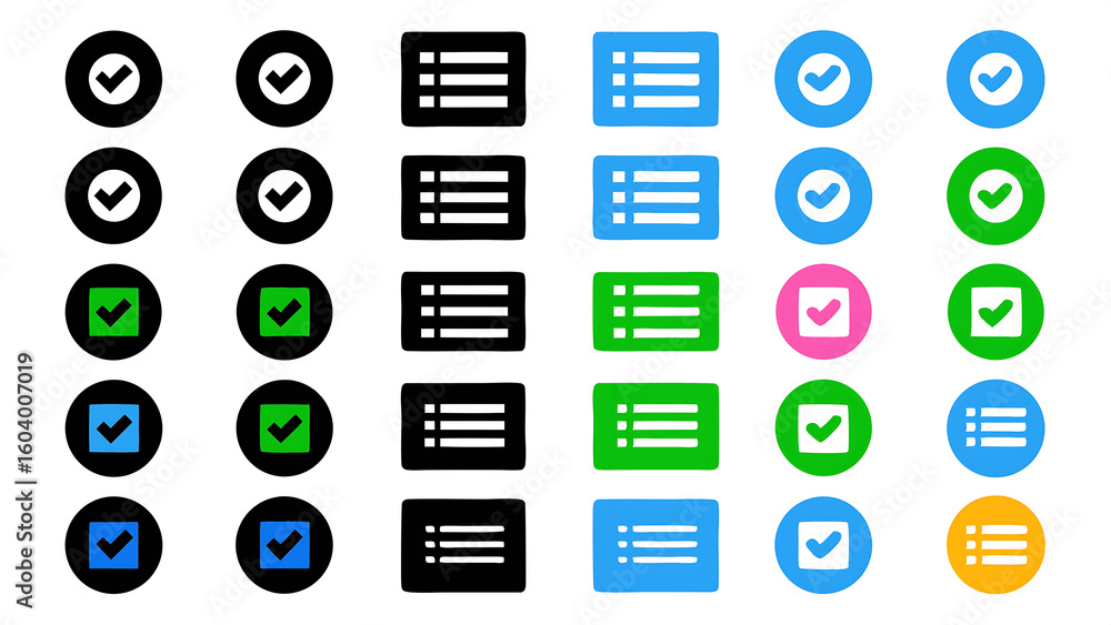 Fototapete a set of icons featuring check marks and list symbols in various colors arranged on a white backgrou