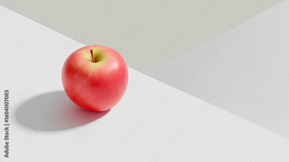 Poster fresh and vibrant red apple on a minimalist background with soft shadows and geometric design elemen