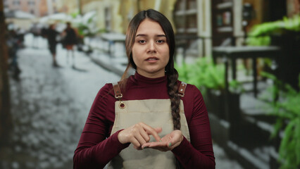 Woman wearing apron in outdoor street setting makes gesture asking for payment suggesting waitress role and hispanic heritage captured in vibrant bustling environment