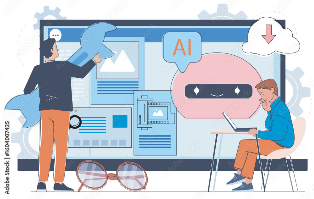 Poster two people interact with ai interface on large screen, one holding a wrench, the other typing on lap