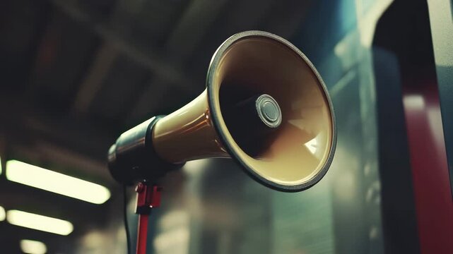 Megaphone close up with muted color and vintage style indoor setting, capturing sound and communication for announcement and audio in soft lighting, blurred background, focused atmosphere
