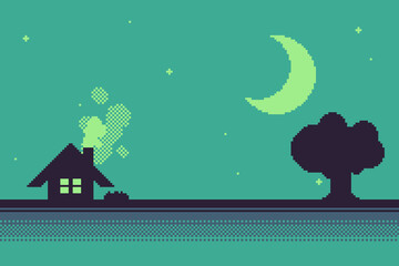 House and Tree on Night in Green, Pixel Art Illustrated Background