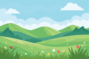 Obraz premium Rolling green hills with scattered flowers and clouds rolling landscape nature