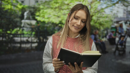 Obraz premium Woman reading book outdoors in park surrounded by greenery and people enjoying free time
