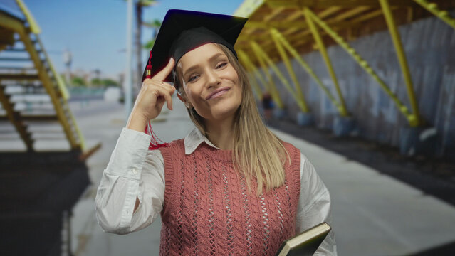 Woman smiling outdoors in graduation cap holding a book on a sunny city street with a thoughtful gesture and blonde hair.