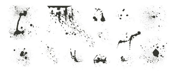 Black urban street paint rough blots set. Ink spray splashes and splatter. Grunge graffiti art drops sprayed. Grain textured elements of dirty stencil on wall. Vector hand drawn messy spots and blobs.
