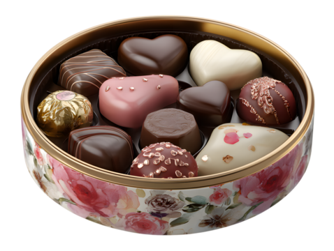 Valentine's chocolate box with assorted heart-shaped chocolates inside. isolated on transparent background with clipping path, for Valentine's Day, Mother's Day, Loveday dessert treat.