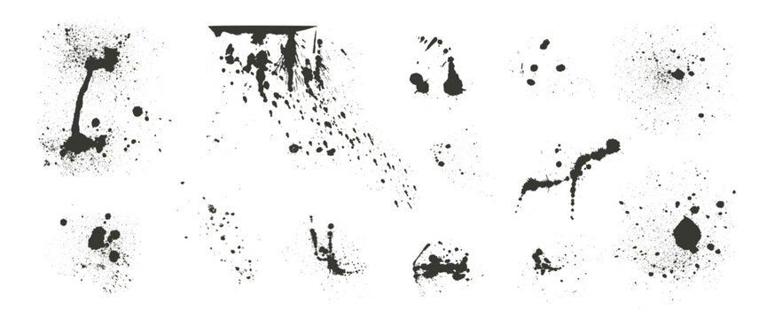 Black urban street paint rough blots set. Ink spray splashes and splatter. Grunge graffiti art drops sprayed. Grain textured elements of dirty stencil on wall. Vector hand drawn messy spots and blobs.