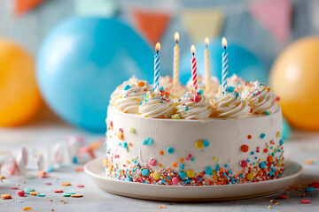 A delightful birthday cake topped with colorful sprinkles and lit candles sits on a plate, surrounded by cheerful balloons and a festive atmosphere.