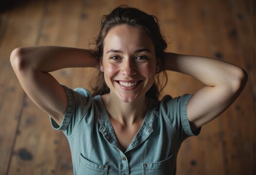 Smiling woman with hands behind her head, embodying joy and connection