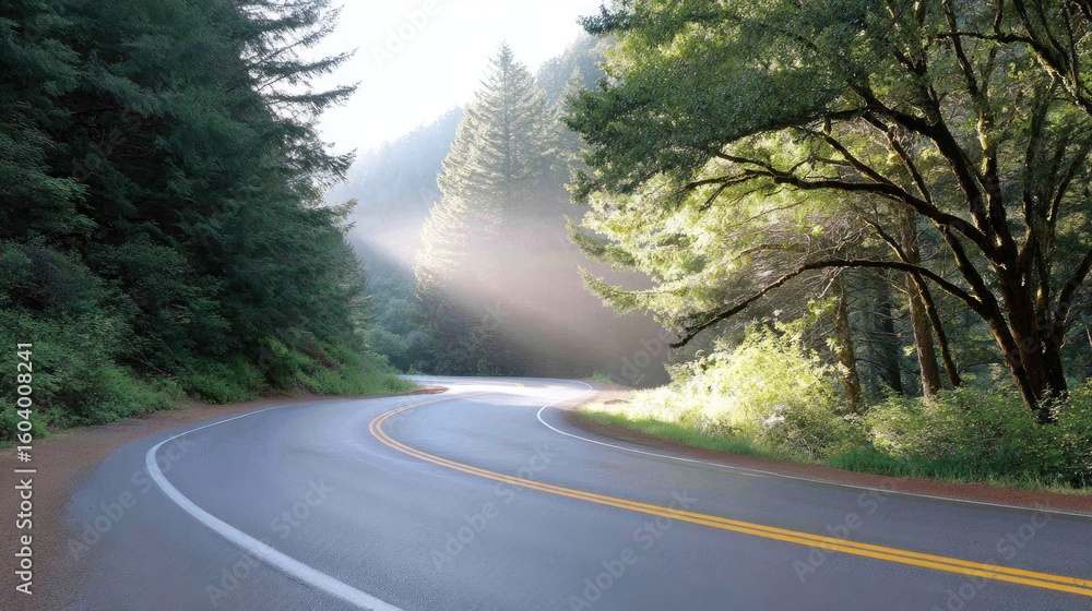 Poster serene curved road surrounded by lush greenery and soft light filtering through trees in a peaceful 