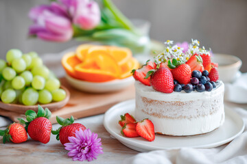 A beautifully decorated cake topped with fresh strawberries, blueberries, and delicate flowers sits on a plate, accompanied by vibrant grapes and orange slices, creating an inviting, colorful spread.