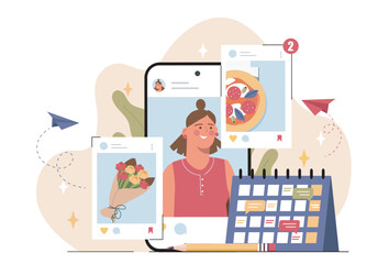 Obraz premium Colorful flat style design showing a woman on a smartphone screen surrounded by social media posts, calendar, and paper planes on a white background. Vector illustration
