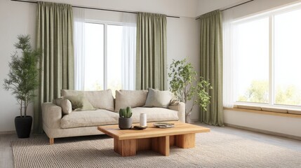 olive green living room, linen curtains, wooden table, beige sofa, indoor plants, calm earthy tones 