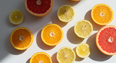 Colorful flat lay of fresh sliced citrus fruits including oranges, grapefruits, lemons, and limes on a bright surface