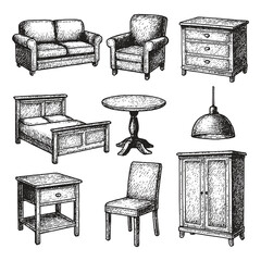 Detailed vintage sketch of various furniture items including sofas, chairs, tables, and cabinets in hand-drawn style.