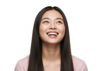 Young asian woman laughing joyfully looking up isolated on transparent background