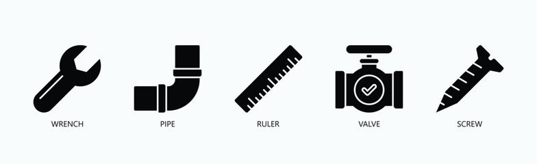 Essential Tools And Components For Mechanical Work Icon Set Vector Illustration Concept With Icon Of Wrench, Pipe, Ruler, Valve, Screw In Glyph Style