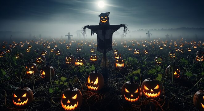 Sinister scarecrow standing in a haunted pumpkin patch filled with glowing jack-o'-lanterns on a foggy, moonlit night.