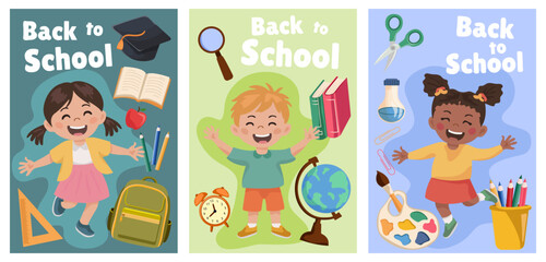 Back to school cover set. Vector posters with school kids and school supplies for learning. Education and study.