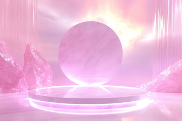 Pink marble round podium with glowing circular stage and crystal backdrop in surreal modern design. Minimal luxury platform for promotion or presentation scene.