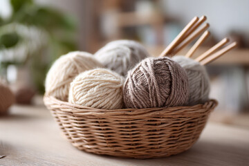 Obraz premium Minimal close-up of raw wool yarns in neutral tones stacked in a wicker basket with knitting needles, soft natural lighting