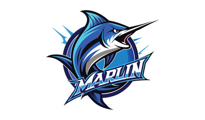 Dynamic blue marlin emblem with sharp fins and jagged text