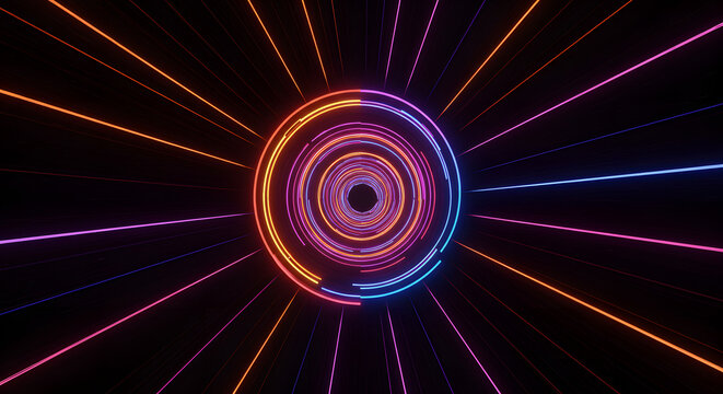 Colorful neon light beams moving at high speed through a futuristic circular vortex. Abstract digital technology background.