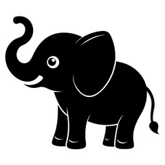 Baby Elephant with Trunk Up vector clean black silhouette design white background