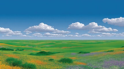 Fototapeta premium Vibrant Meadow Landscape Under Bright Blue Sky with Fluffy White Clouds and Colorful Wildflowers in Springtime
