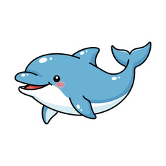Fototapeta premium Cheerful Cartoon Dolphin with Bright Blue Body, Blush Cheeks, and Glossy Skin Facing Left on White Background
