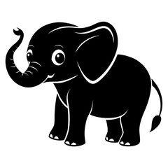 Baby Elephant with Trunk Up vector clean black silhouette design white background