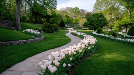 Serene Garden Pathway Surrounded by Blooming Tulips in Lush Greenery Under Clear Blue Sky
