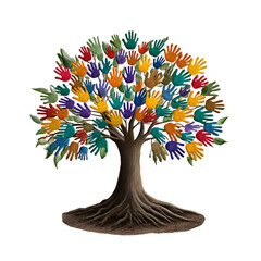 Colorful handprint tree of life isolated on transparent background