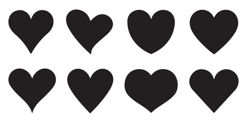 Set of hearts in black color, Black heart icons set vector, Set of 8 hearts of different shapes for web. Heart collection.
