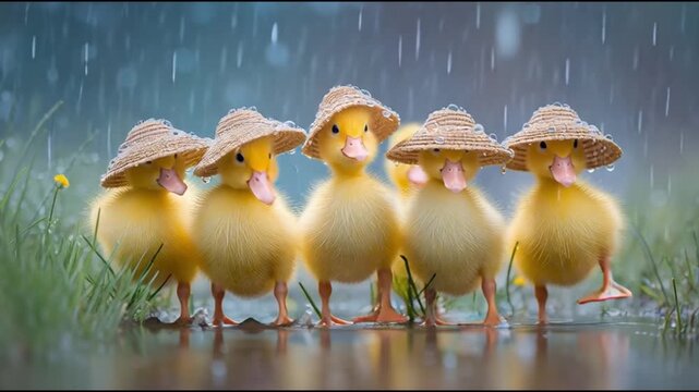 A delightful group of ducklings, each adorned with a tiny hat, standing together in the rain